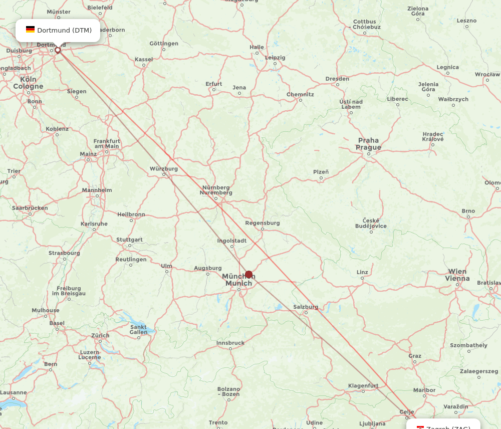 Zagreb - Dortmund route map and flight paths