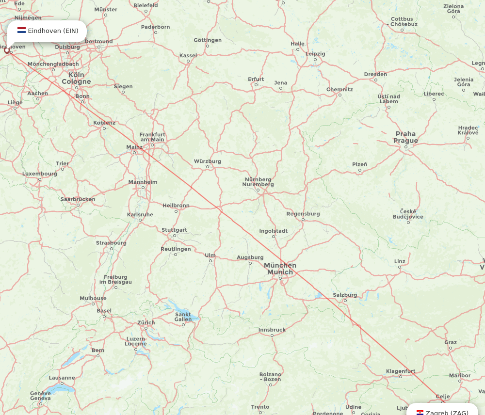Zagreb - Eindhoven route map and flight paths