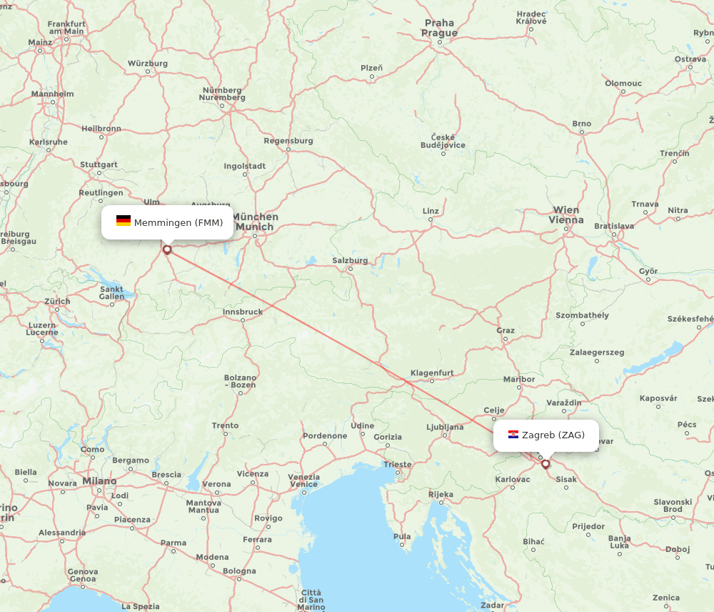 Zagreb - Memmingen route map and flight paths