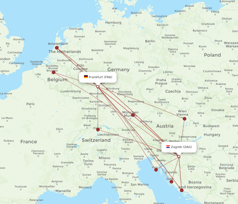 ZAG to FRA flights and routes map