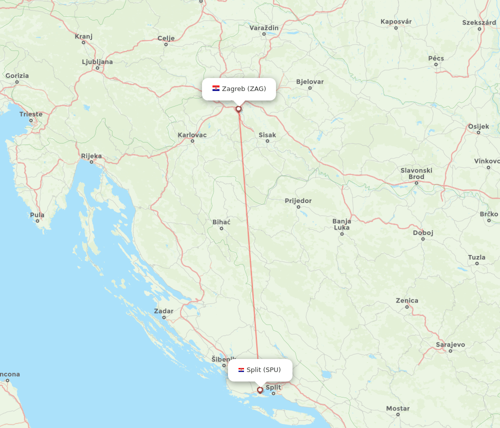 Zagreb - Split route map and flight paths