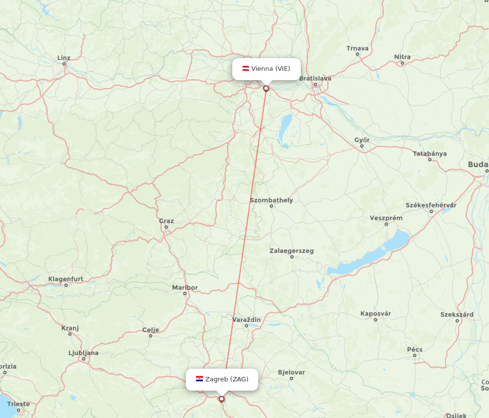 Zagreb - Vienna route map and flight paths
