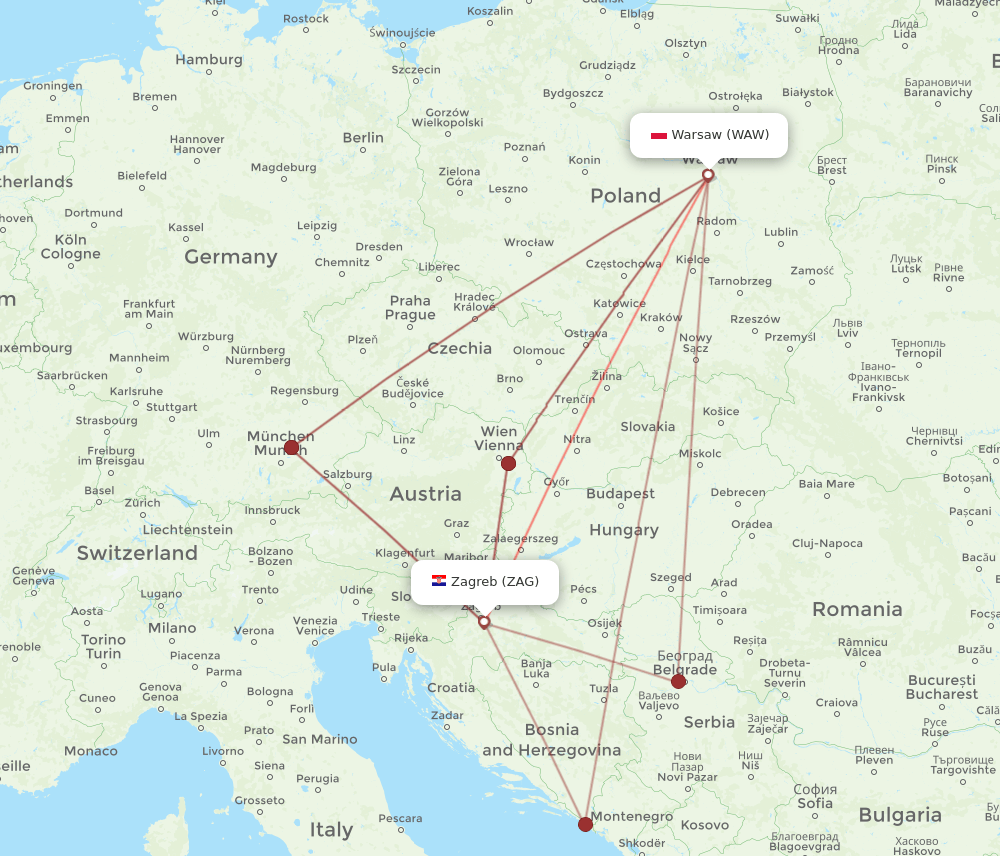 ZAG-WAW flight routes