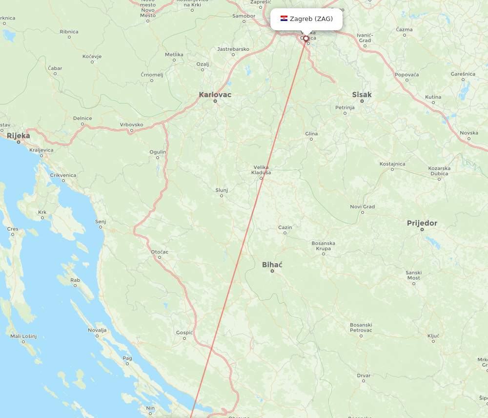 Zagreb - Zadar route map and flight paths