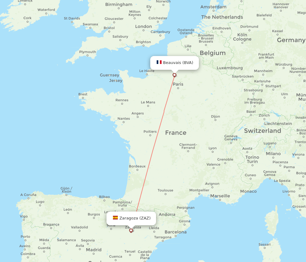 Zaragoza - Paris route map and flight paths