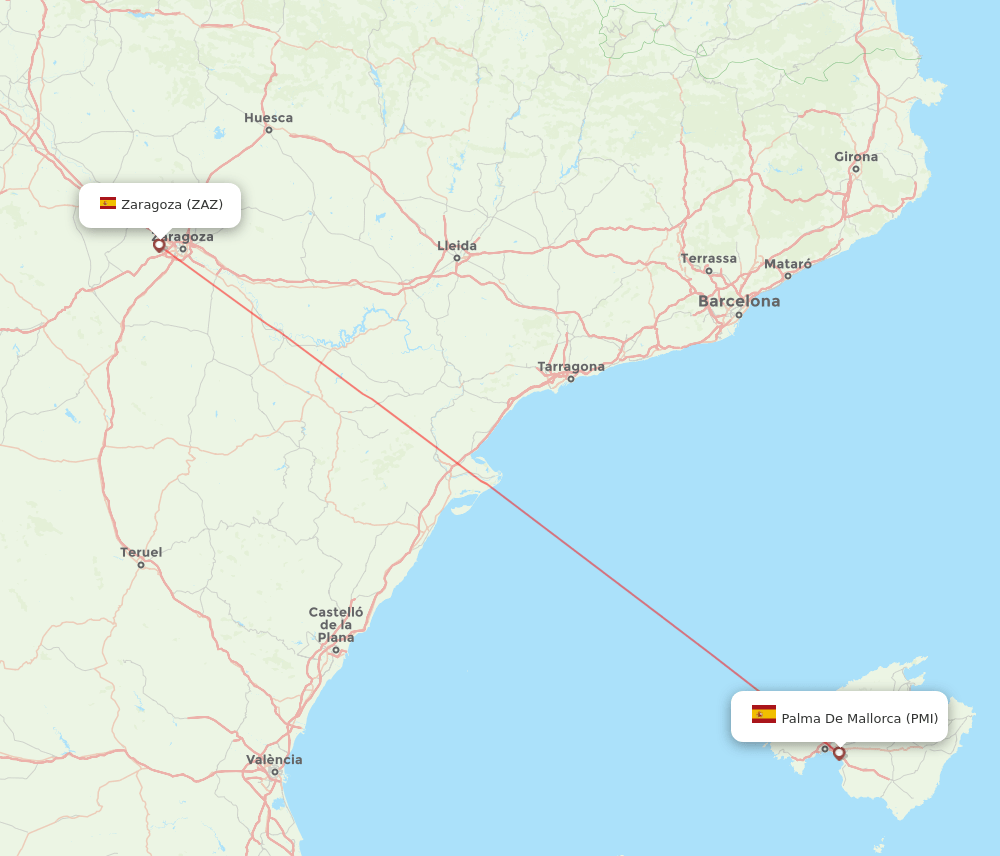 Zaragoza - Palma de Mallorca route map and flight paths