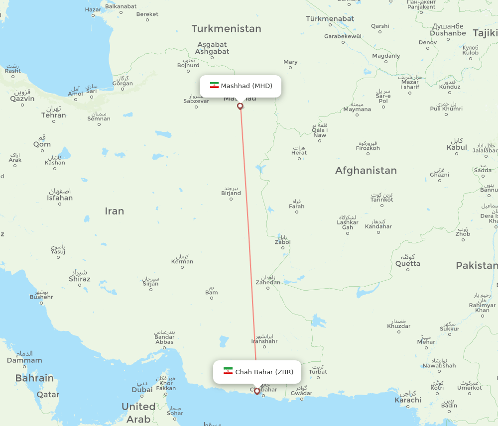 Chah Bahar - Mashad route map and flight paths
