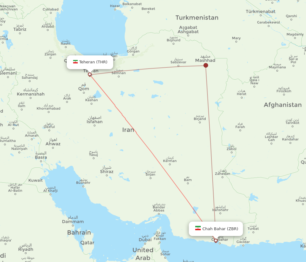 ZBR to THR flights and routes map