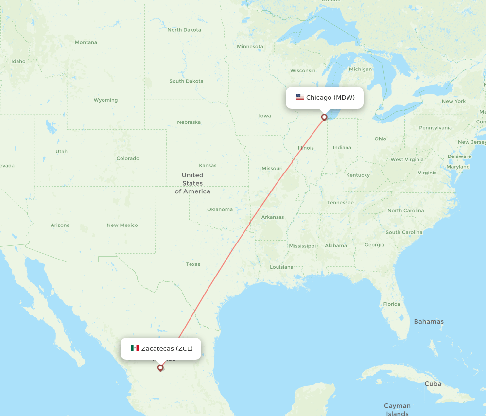 Zacatecas - Chicago route map and flight paths