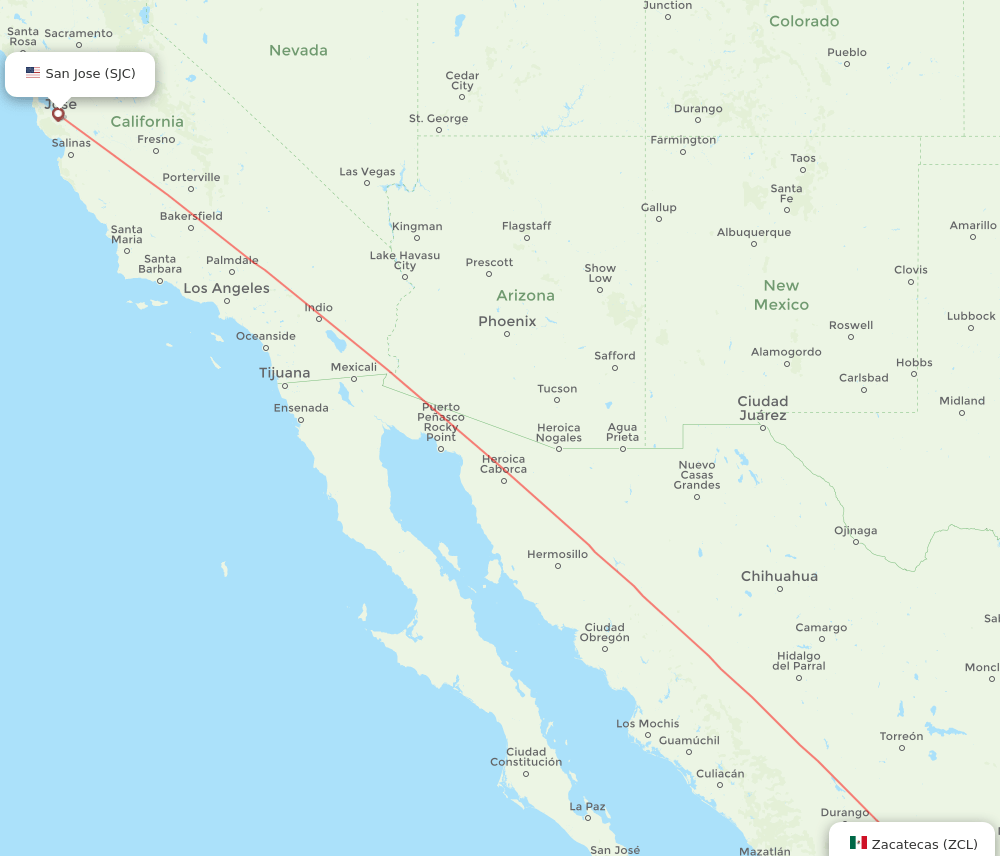 ZCL to SJC flights and routes map