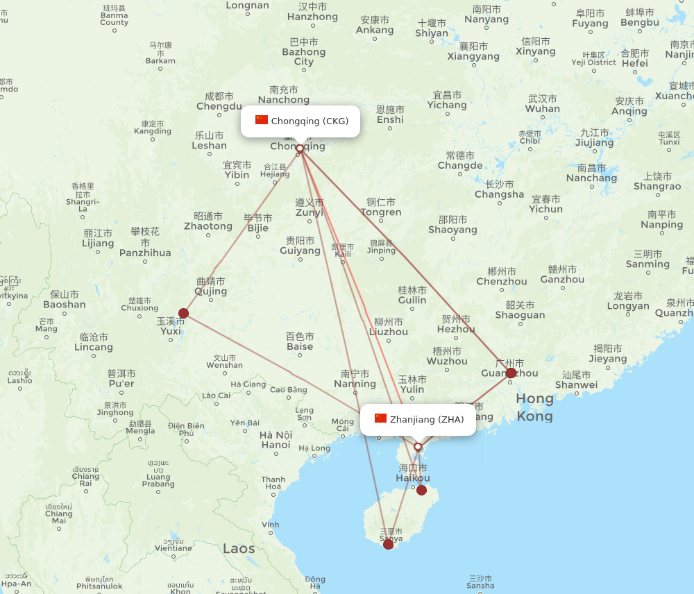 ZHA-CKG flight routes