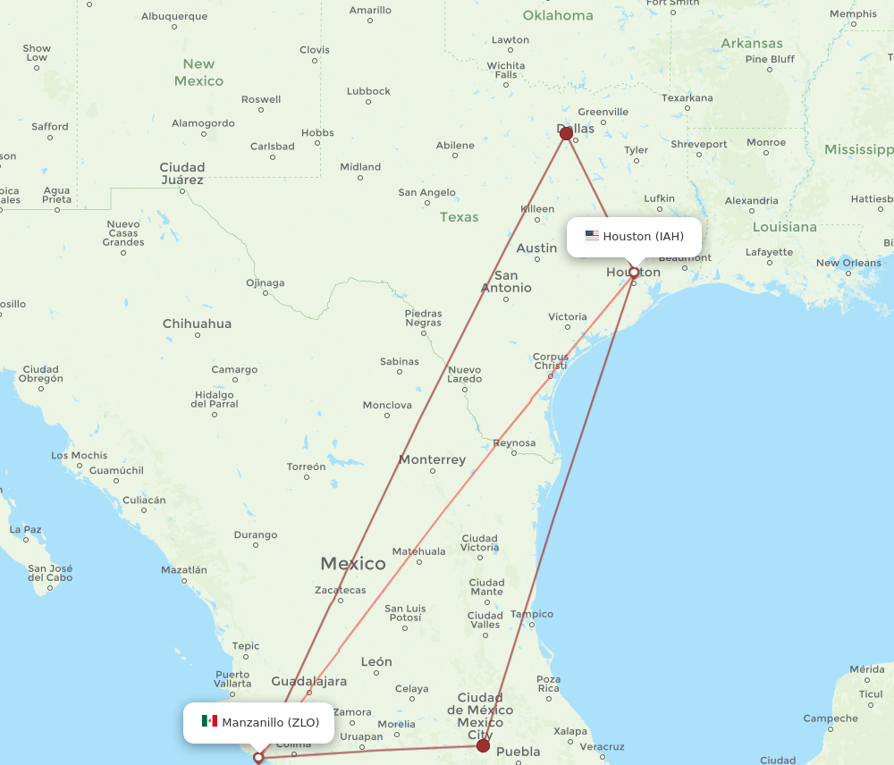 ZLO to IAH flights and routes map