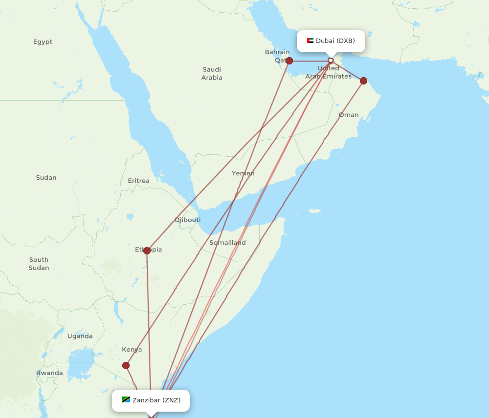 ZNZ to DXB flights and routes map