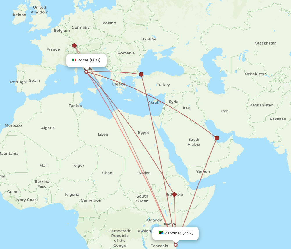 ZNZ to FCO flights and routes map