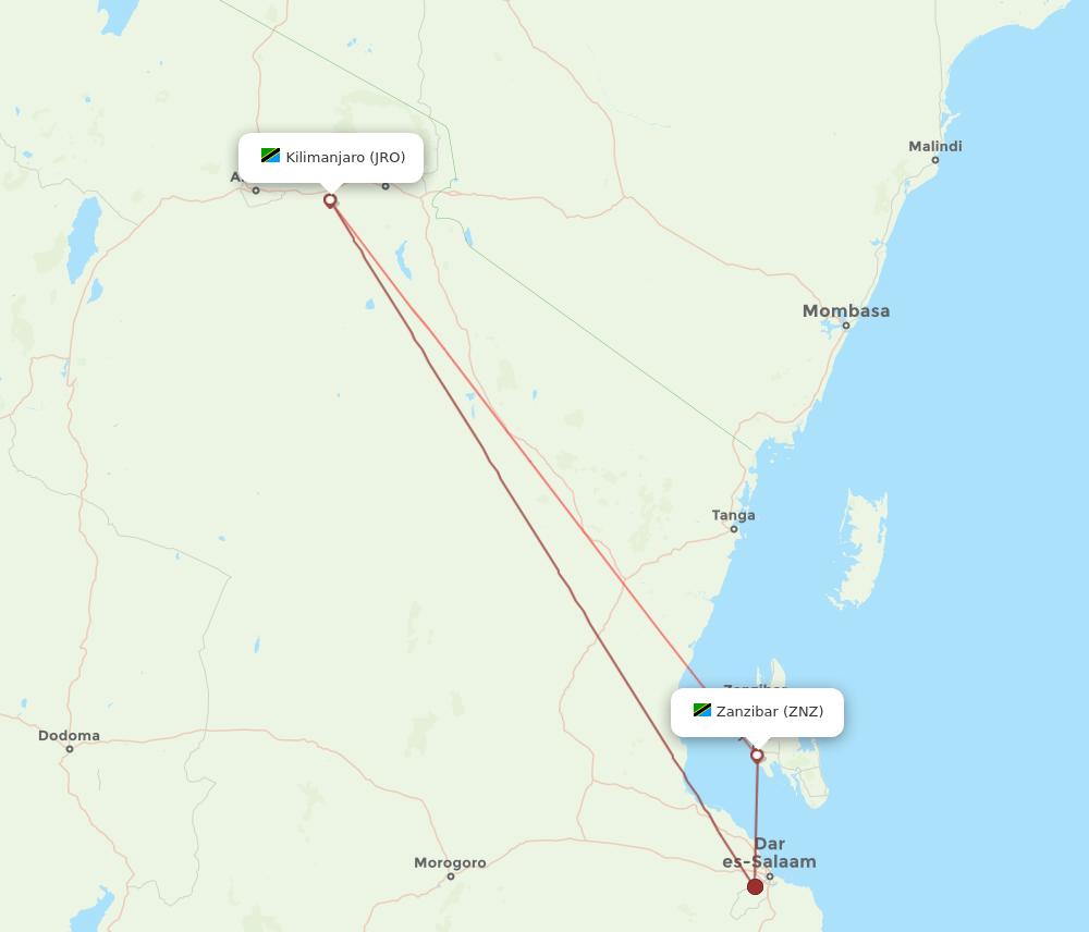 ZNZ to JRO flights and routes map