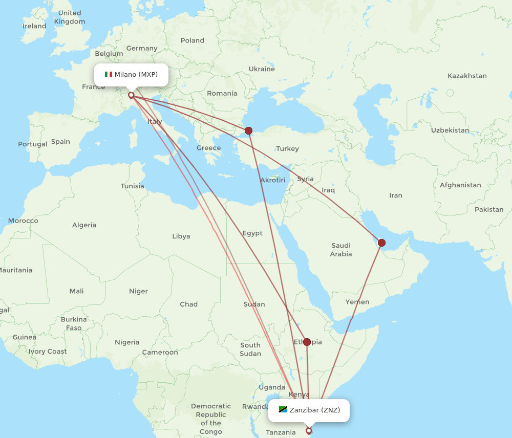 ZNZ-MXP flight routes