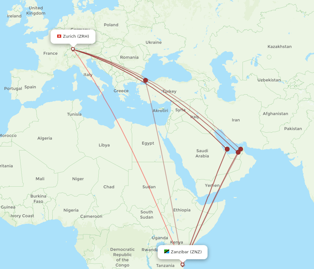 ZNZ-ZRH flight routes