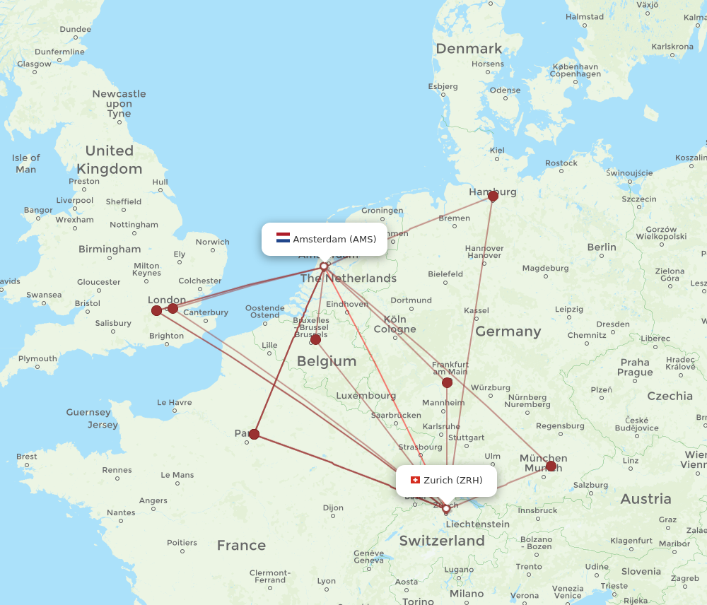 ZRH to AMS flights and routes map