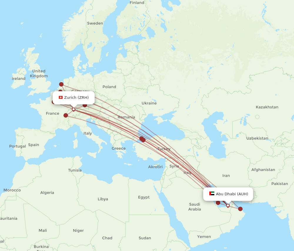 ZRH to AUH flights and routes map
