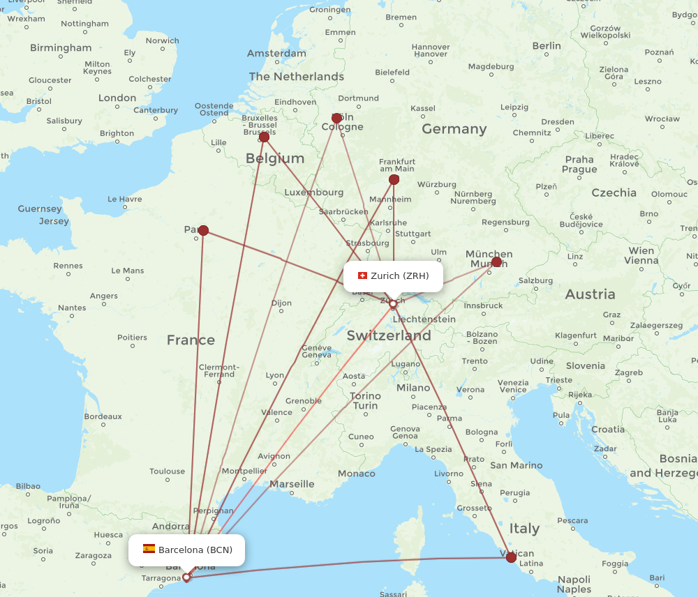 ZRH to BCN flights and routes map