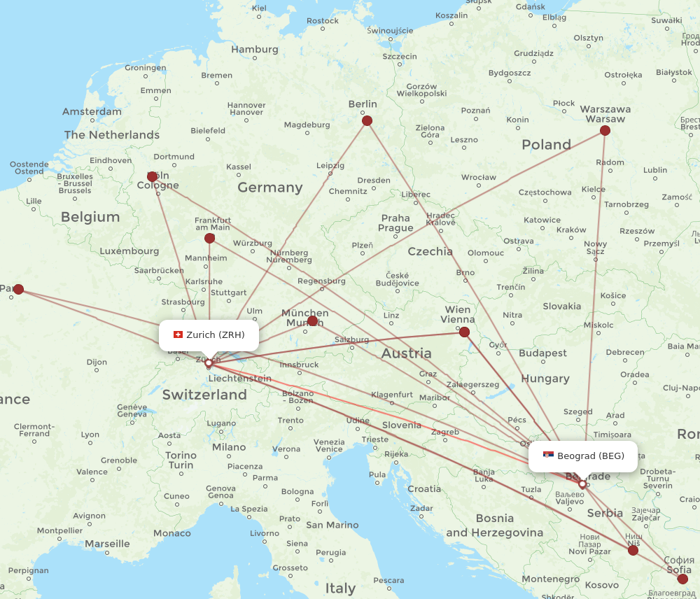 ZRH to BEG flights and routes map