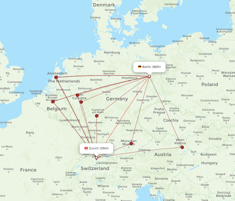 ZRH to BER flights and routes map