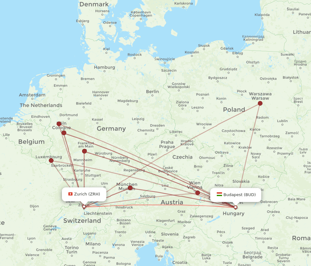 ZRH to BUD flights and routes map