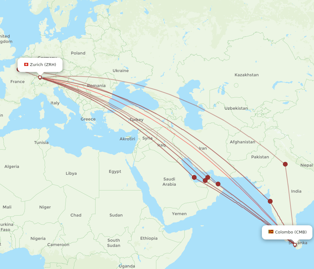 ZRH-CMB flight routes