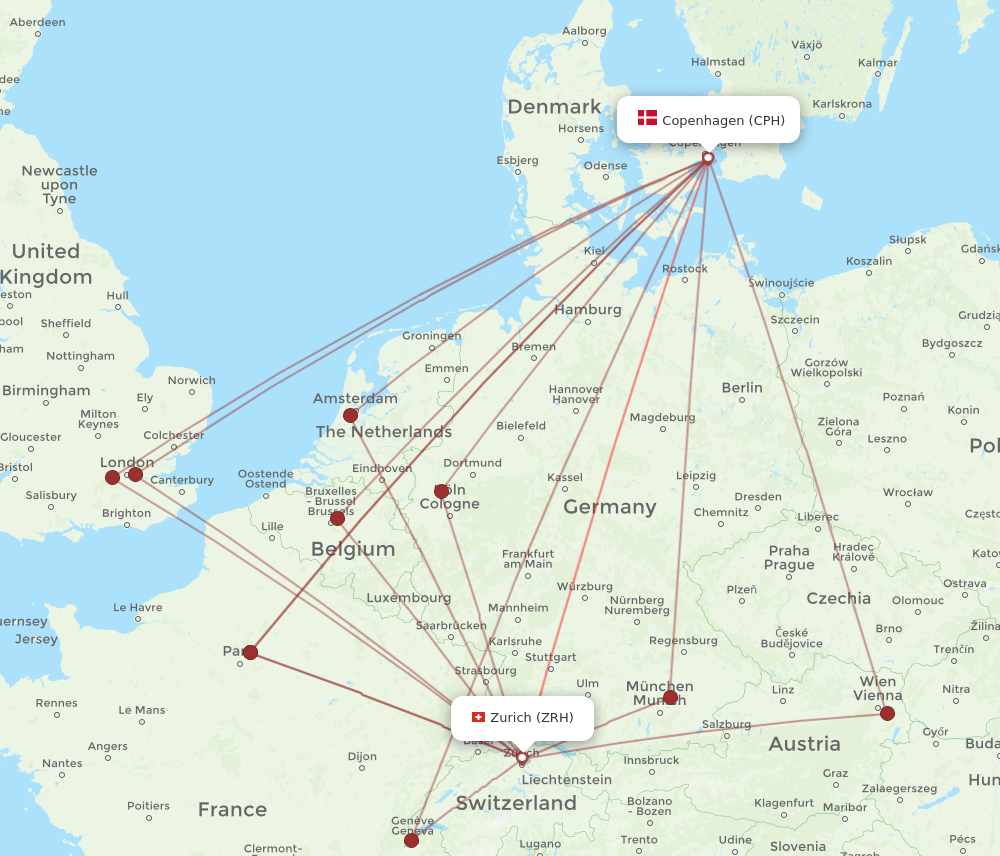 ZRH-CPH flight routes