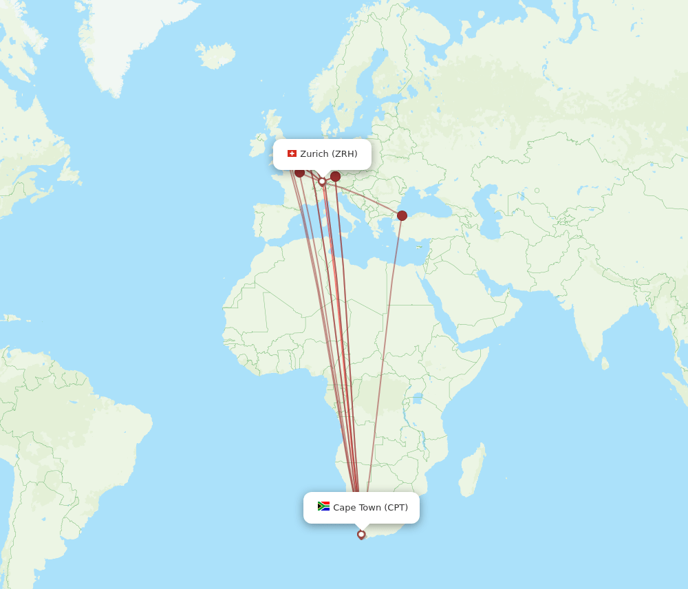 ZRH to CPT flights and routes map