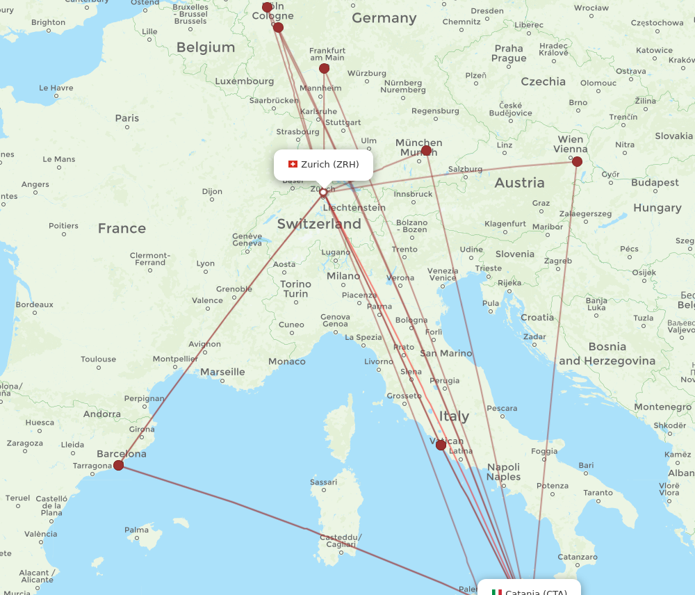 ZRH to CTA flights and routes map