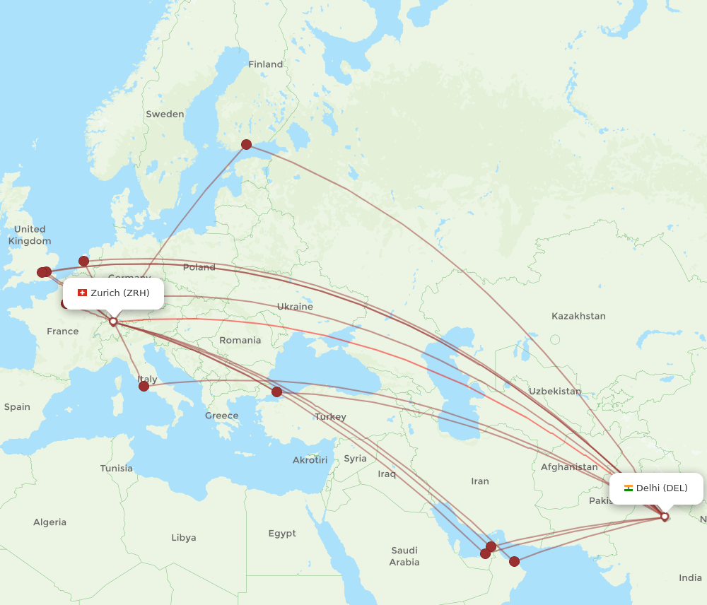 ZRH-DEL flight routes