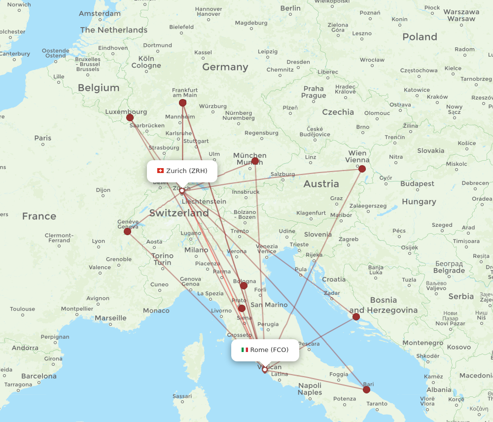 ZRH to FCO flights and routes map