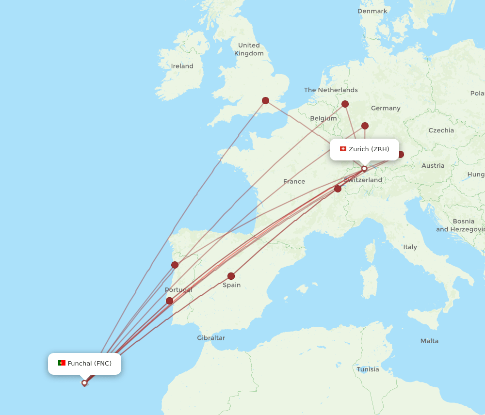 ZRH to FNC flights and routes map