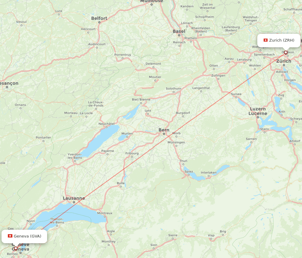 Zurich - Geneva route map and flight paths