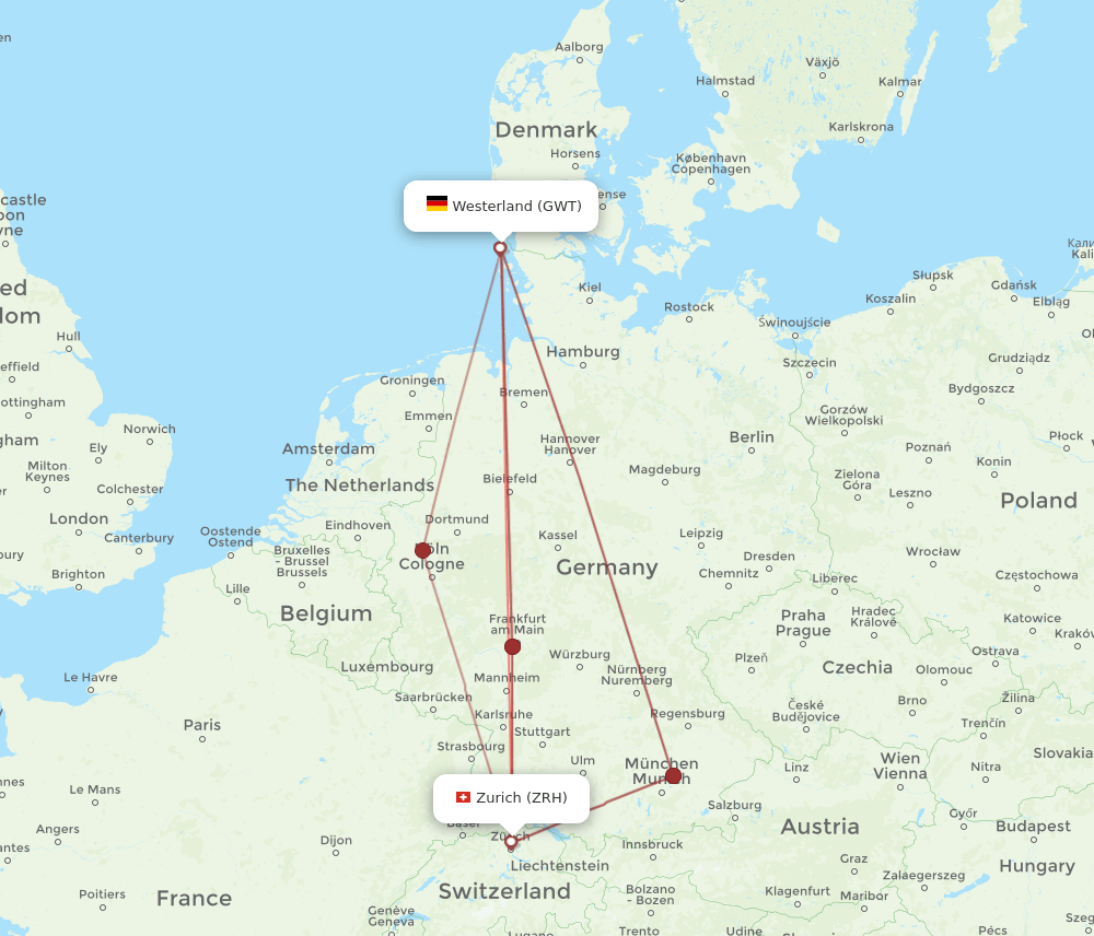 ZRH to GWT flights and routes map