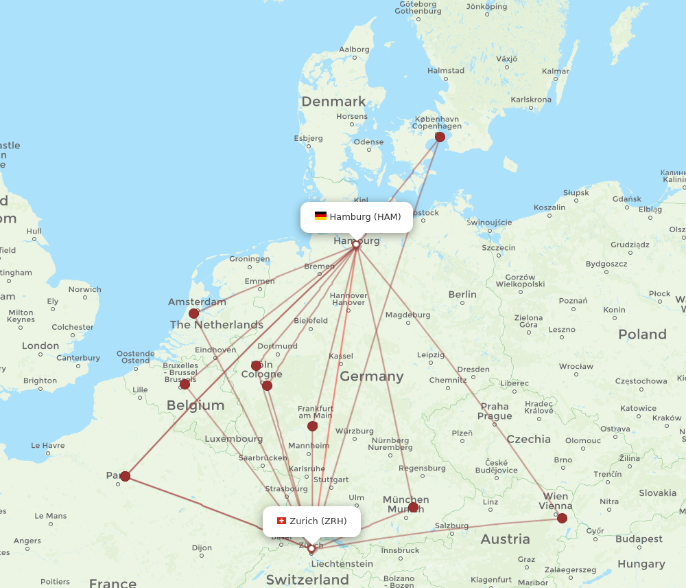 ZRH to HAM flights and routes map