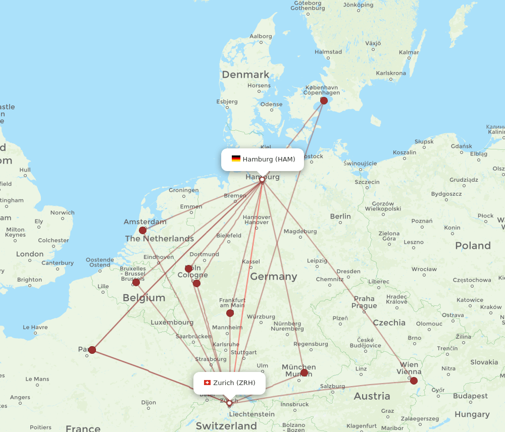 ZRH to HAM flights and routes map