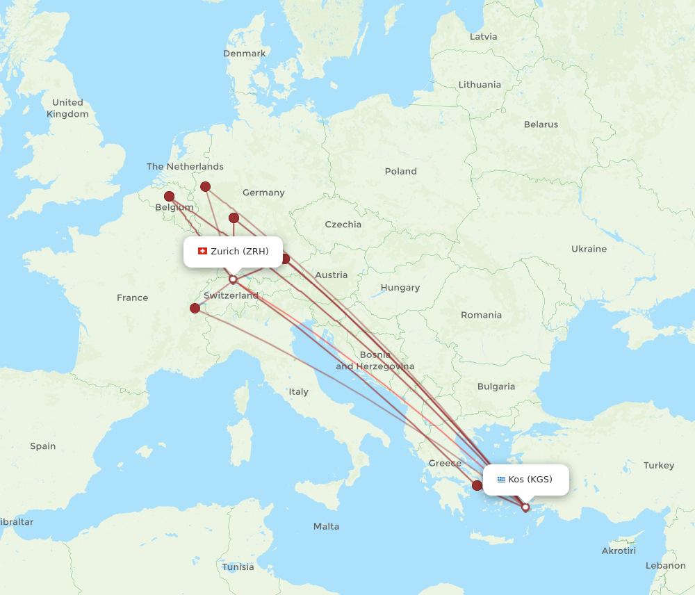 ZRH to KGS flights and routes map