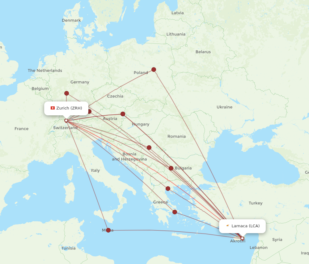 ZRH to LCA flights and routes map
