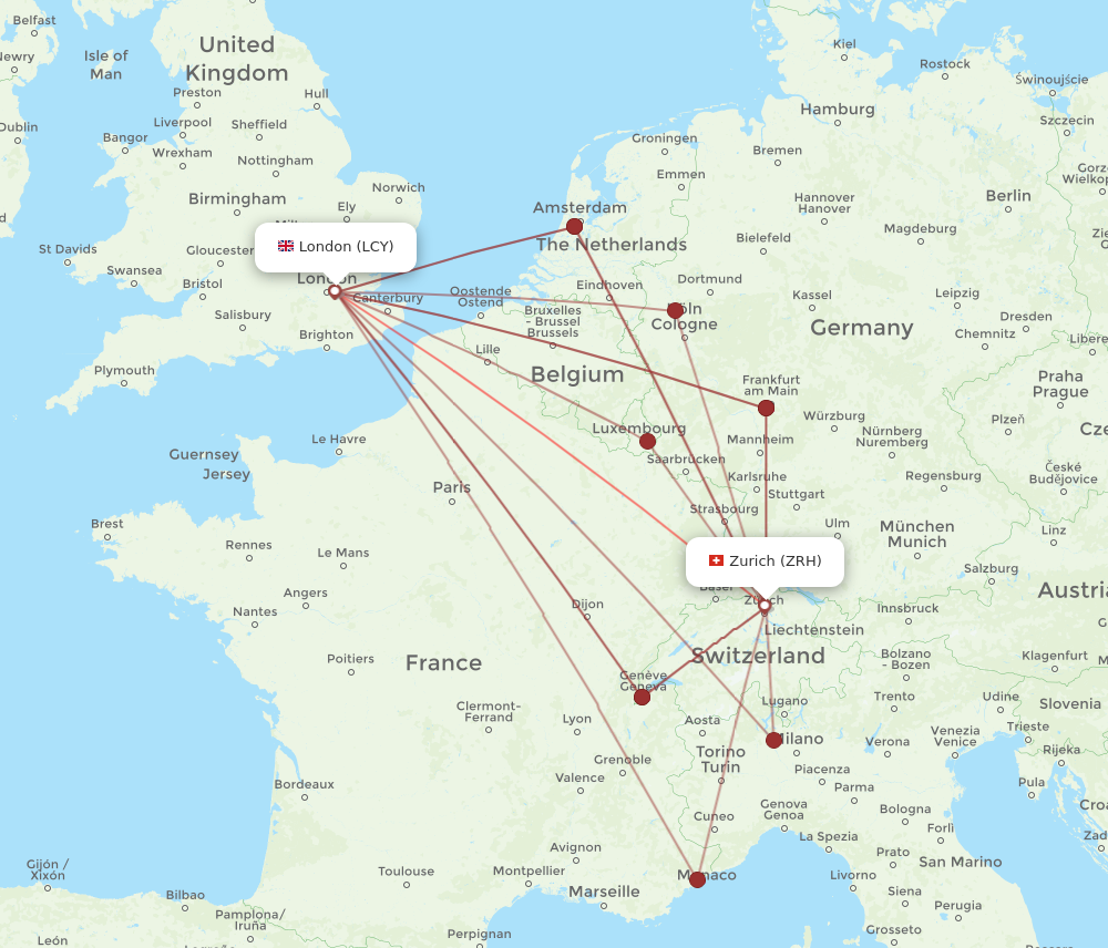ZRH to LCY flights and routes map
