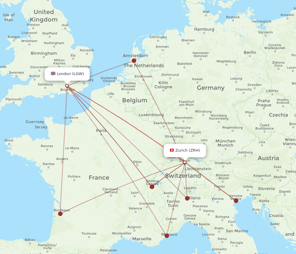 ZRH to LGW flights and routes map