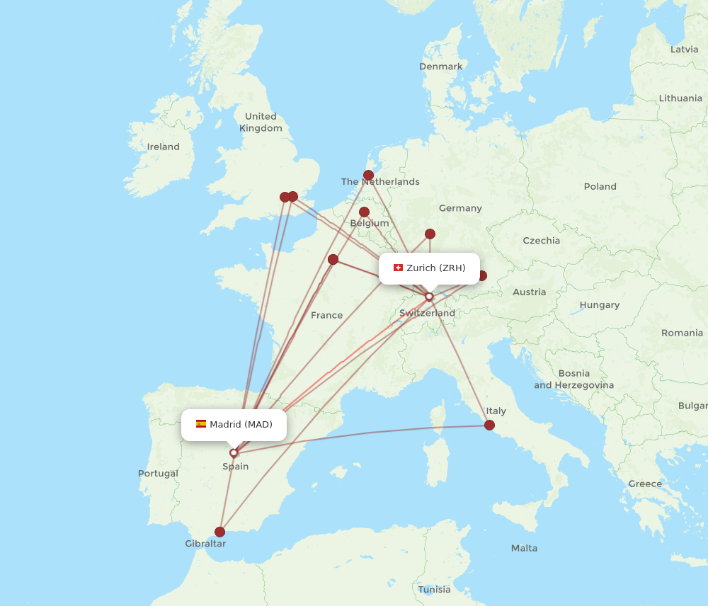 ZRH to MAD flights and routes map