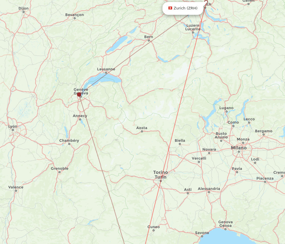 ZRH to NCE flights and routes map