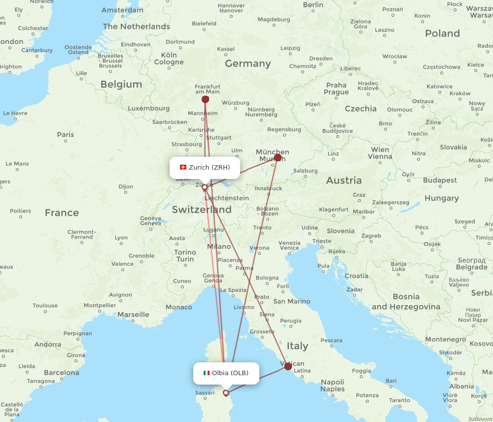 ZRH to OLB flights and routes map
