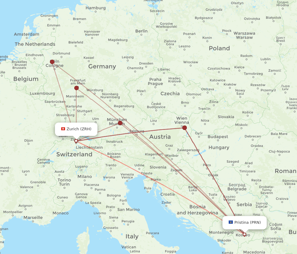 ZRH to PRN flights and routes map
