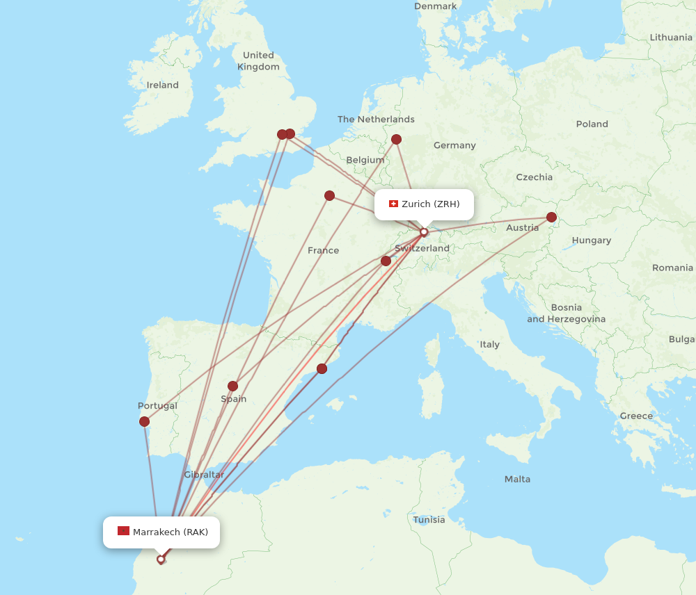 ZRH to RAK flights and routes map