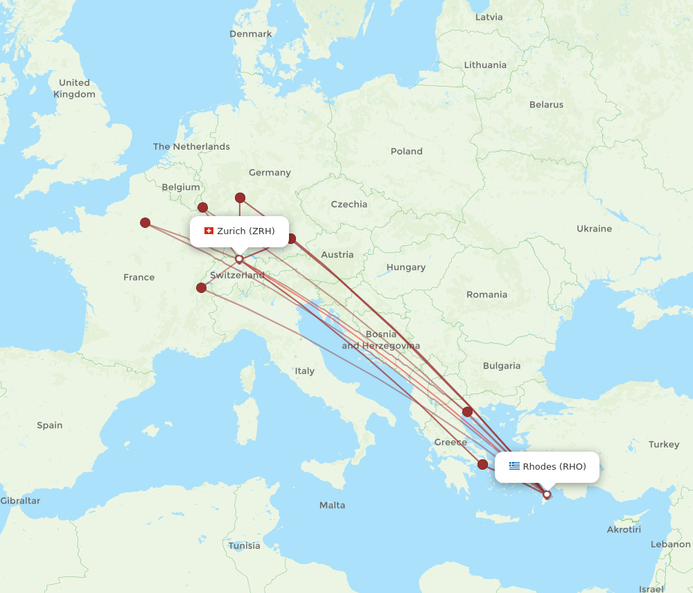 ZRH to RHO flights and routes map