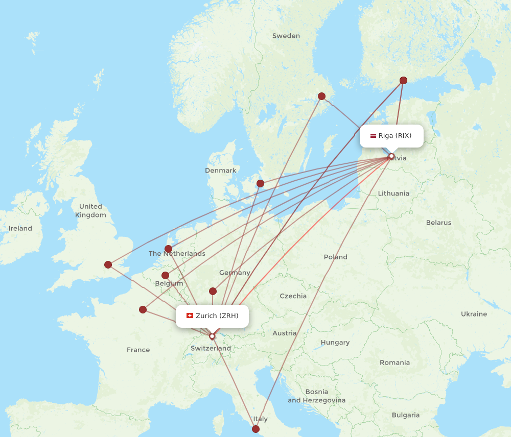 ZRH to RIX flights and routes map