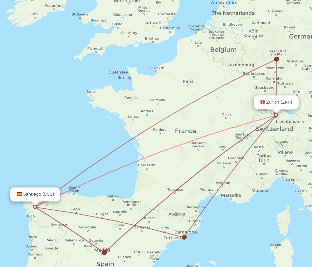 ZRH to SCQ flights and routes map